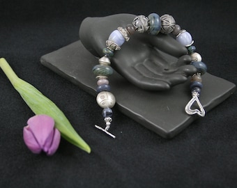 Blue Lampwork, gemstone & silver bracelet