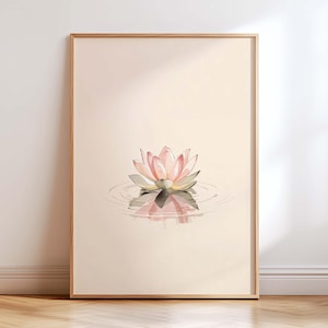 Minimalist lotus flower wall art with soft watercolor reflection