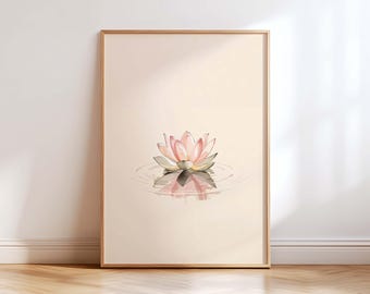 Minimalist Lotus Flower Wall Art Print, Zen Watercolor Lotus Painting, Japandi Neutral Wall Decor, Calm Yoga Spa Artwork