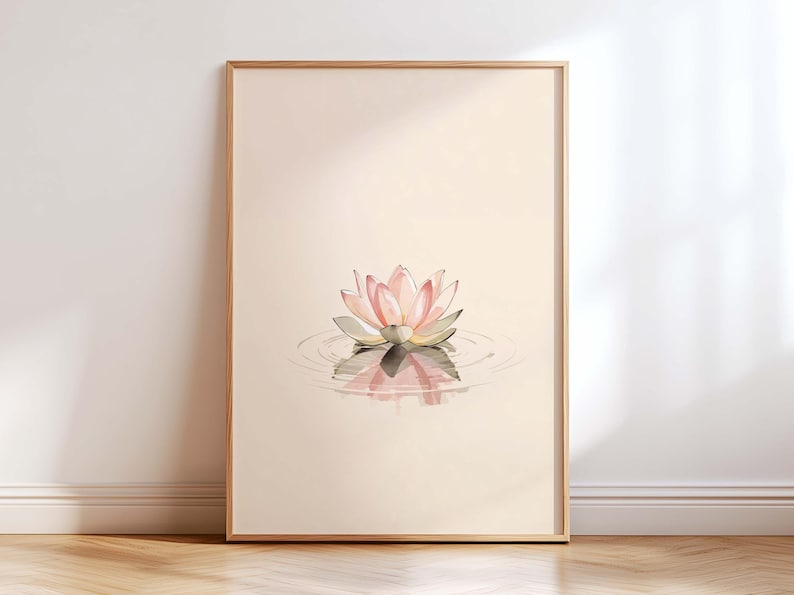 Minimalist lotus flower wall art with soft watercolor reflection