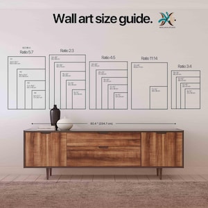 May include: A wall art size guide with various aspect ratios and dimensions in inches and centimeters. The guide includes sizes like A1, A2, A3, and A4, along with ratios such as 5:7, 2:3, 4:5, 11:14, and 3:4. A wooden cabinet is below the guide.