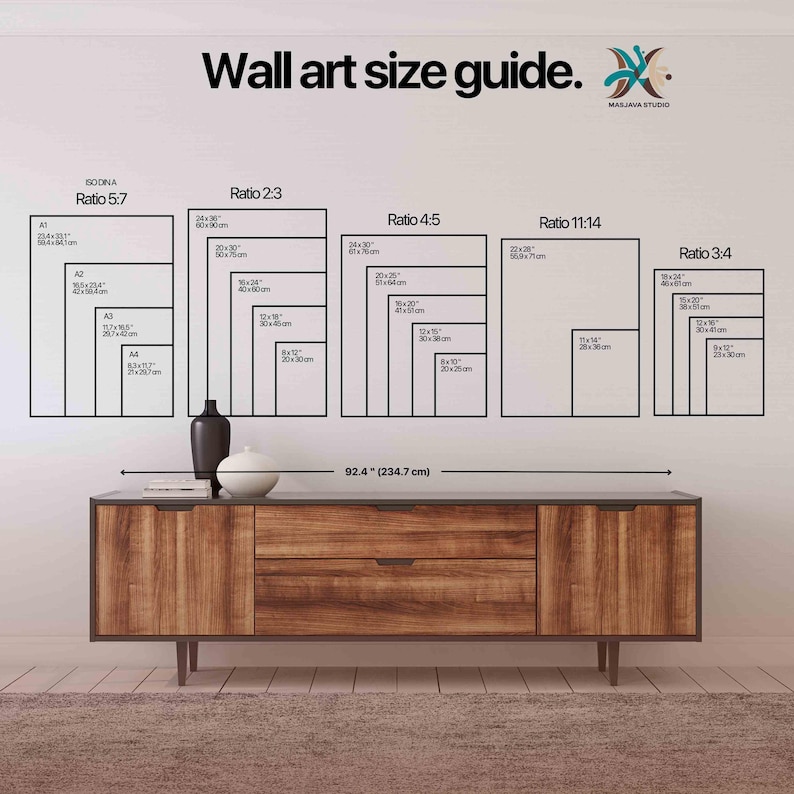 May include: A wall art size guide with various aspect ratios and dimensions in inches and centimeters. The guide includes sizes like A1, A2, A3, and A4, along with ratios such as 5:7, 2:3, 4:5, 11:14, and 3:4. A wooden cabinet is below the guide.