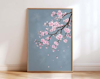 Japanese Cherry Blossom Wall Art Print, Pink Sakura Branch, Blue Botanical Art, Japandi Decor, Zen Floral Poster, Minimalist Home Wall Art