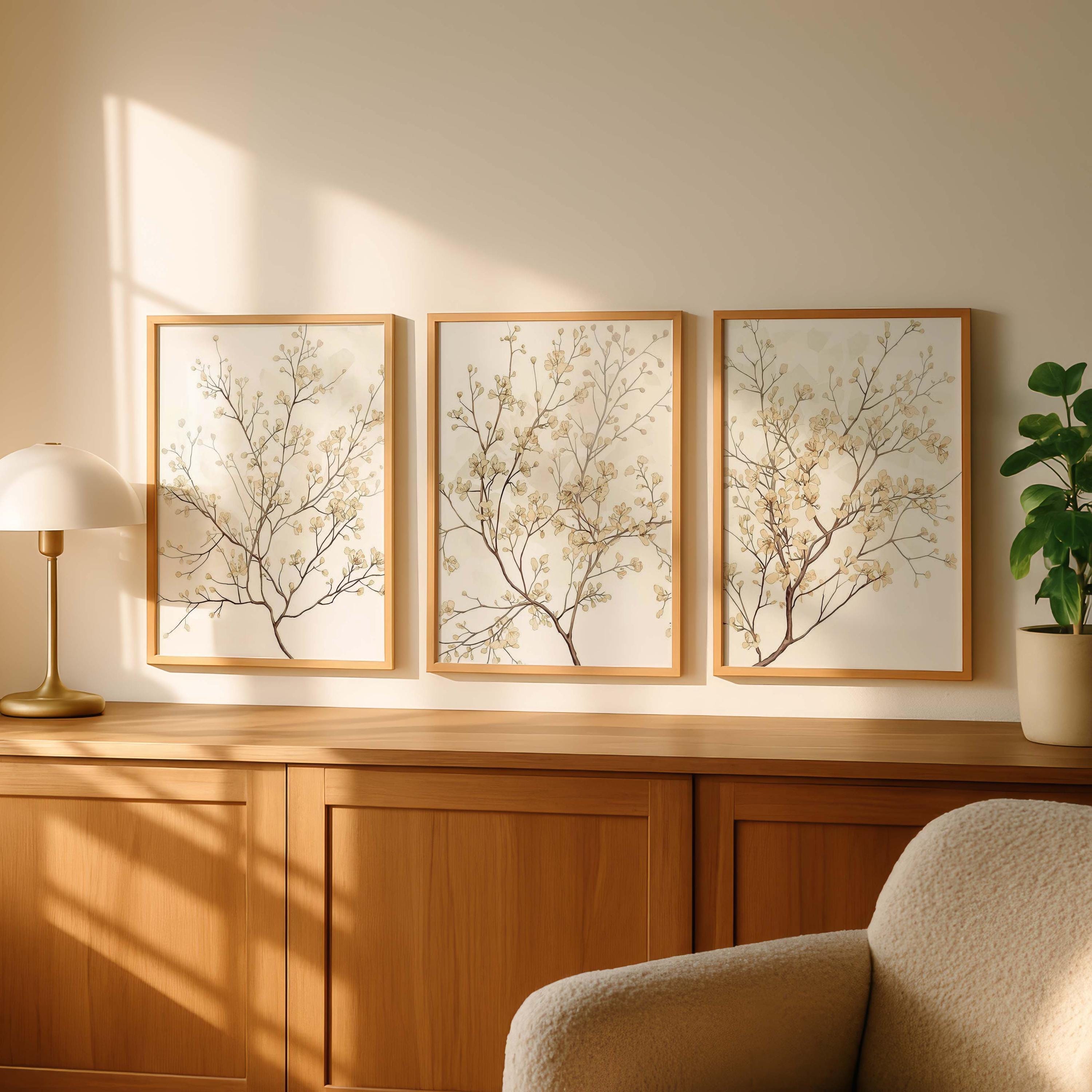 Japandi Botanical Wall Art Set of 3, Neutral Beige Floral Art Prints ...
