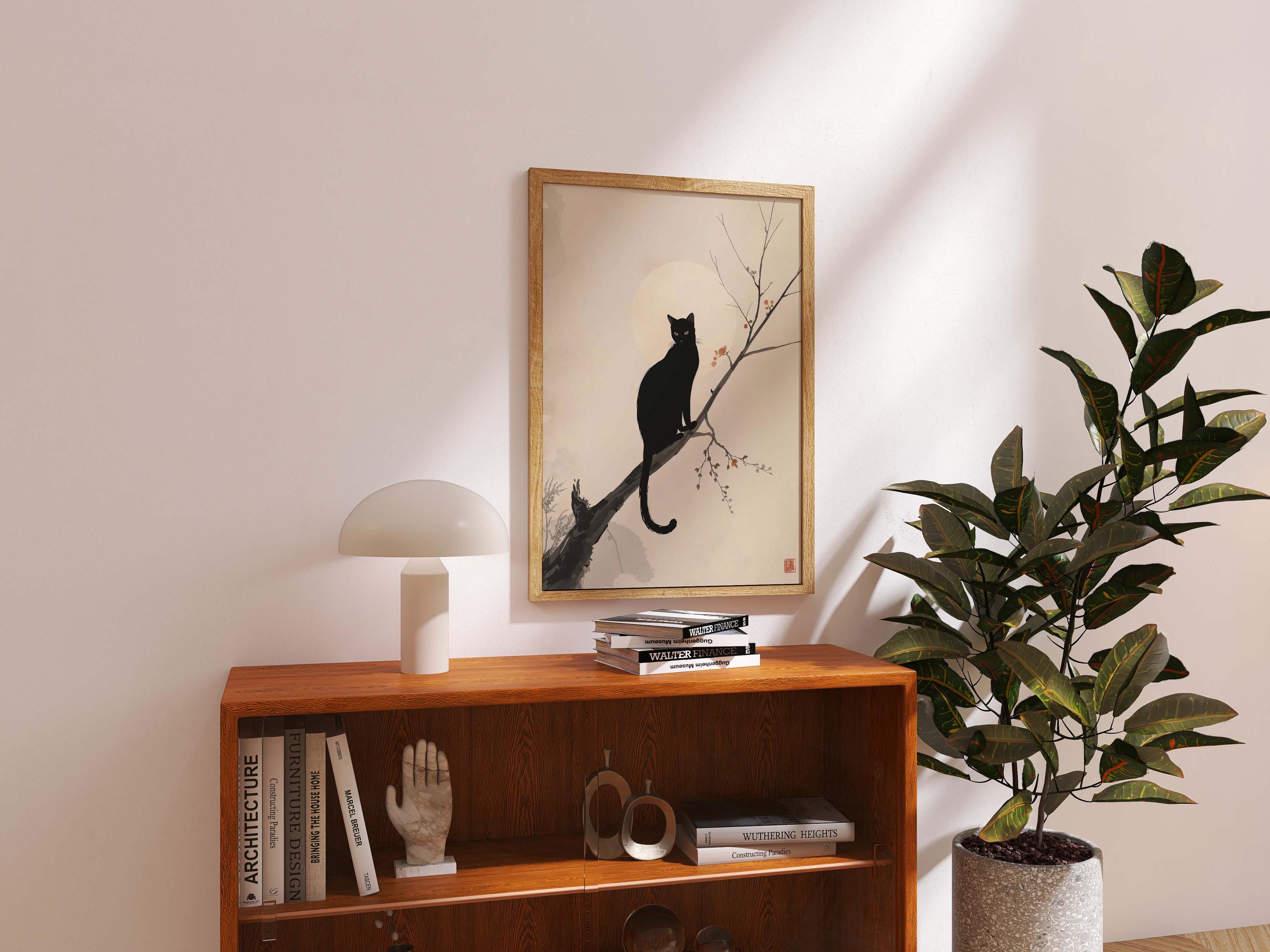 Minimalist Black Cat Wall Art Print, Japanese Ink Art, Zen Home Decor ...
