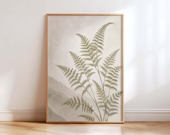 Vintage Fern Wall Art Print, Botanical Nature Artwork, Neutral Green Wall Decor, Japandi Home Art, Minimalist Cottagecore Decor