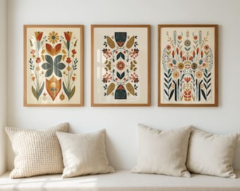 Scandinavian Folk Art Wall Art Set of 3, Nordic Botanical Prints, Neutral Earth Tone Floral Decor, Minimalist Living Room Bedroom Art