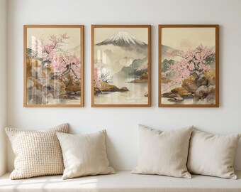 Japanese Triptych Wall Art, Sakura Cherry Blossom & Mount Fuji Prints, Japandi Zen Decor, Set of 3 Panels, Minimalist Asian Landscape