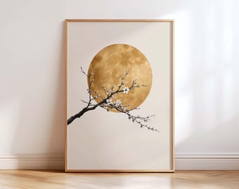 Japanese Cherry Blossom Wall Art Print, Full Moon Wall Decor, Japandi Neutral Botanical Poster, Minimalist Zen Floral Beige Home Artwork