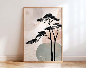 Lámina de arte mural japonés, arte minimalista de árbol Japandi, abstracto neutro Wabi Sabi, decoración escandinava moderna, decoración de pared para sala de estar Zen