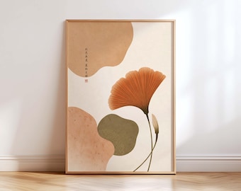 Japanese Ginkgo Leaf Wall Art, Japandi Botanical Print, Minimalist Zen Decor, Autumn Neutral Beige Burnt Orange Poster