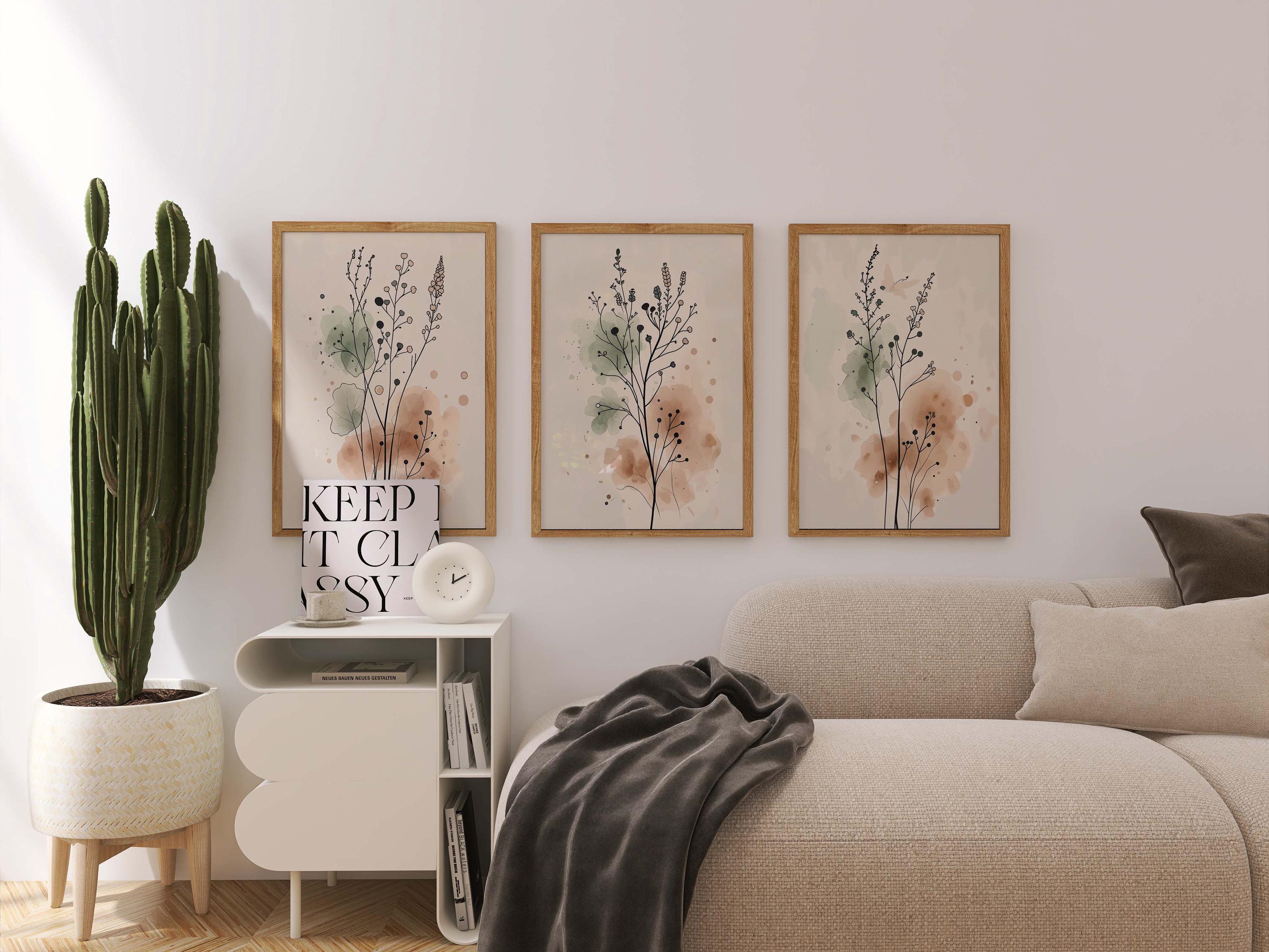 Botanical Wall Art Set of 3, Neutral Floral Print, Minimalist Sage ...