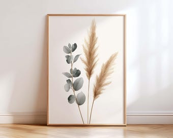 Neutral Botanical Wall Art Print, Pampas Grass Eucalyptus Poster, Japandi Minimalist Wall Decor, Beige Scandinavian Artwork