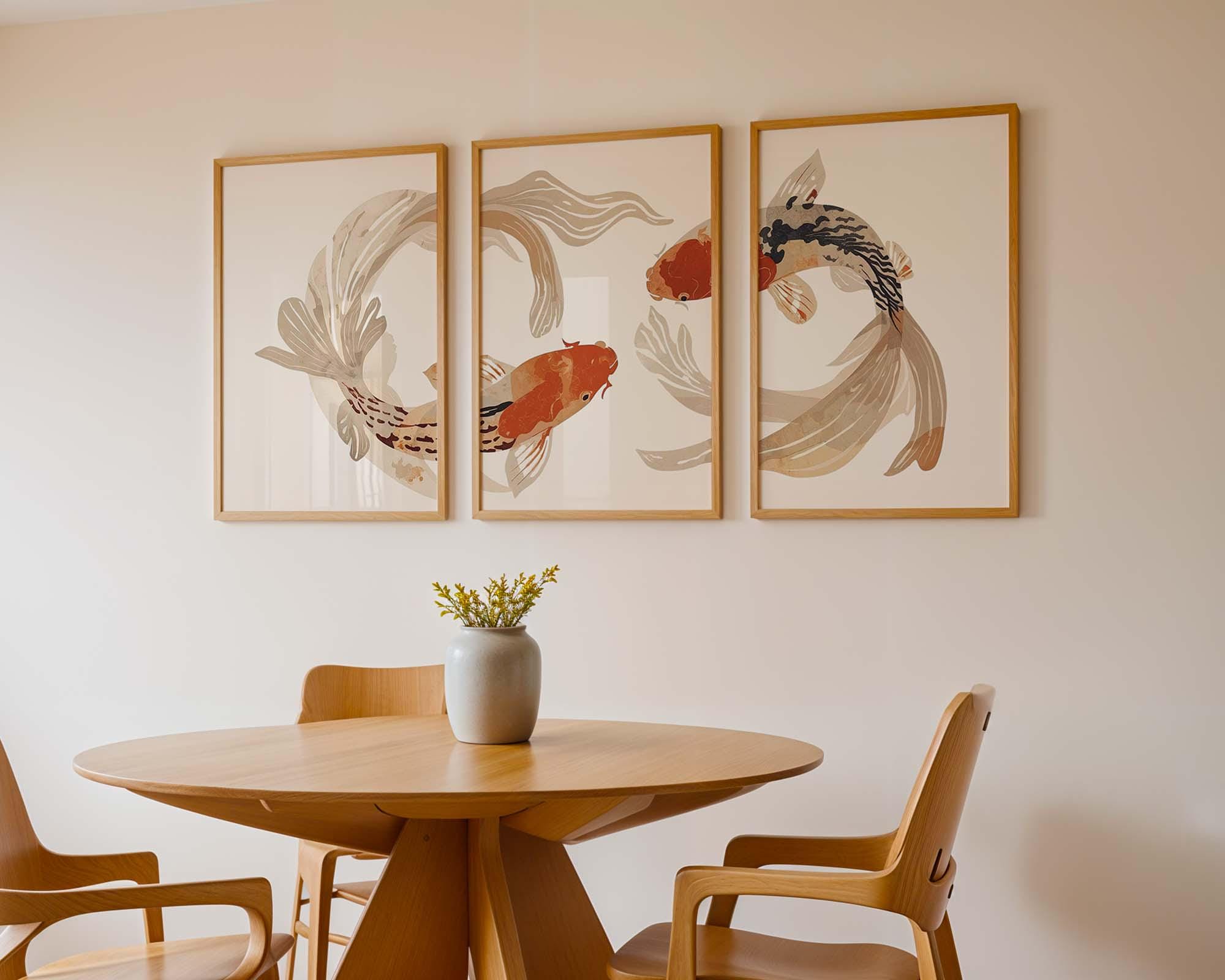 Koi Fish Triptych Wall Art, Japanese Minimalist Print Set of 3, Neutral ...