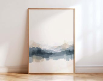 Mountain Lake Wall Art Print, Misty Landscape Poster, Neutral Blue Beige Wall Decor, Minimalist Nature Art, Scandinavian Living Room Decor