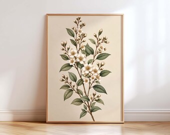 White Flower Botanical Wall Art, Sage Green Floral Print, Japandi Nature Wall Decor, Neutral Botanical Poster, Vintage Flower Art