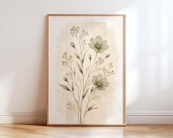 Vintage Botanical Wall Art Print, Sage Green Floral Art, Neutral Wildflower Decor, Antique Botanical Poster, Cottagecore Flower Print