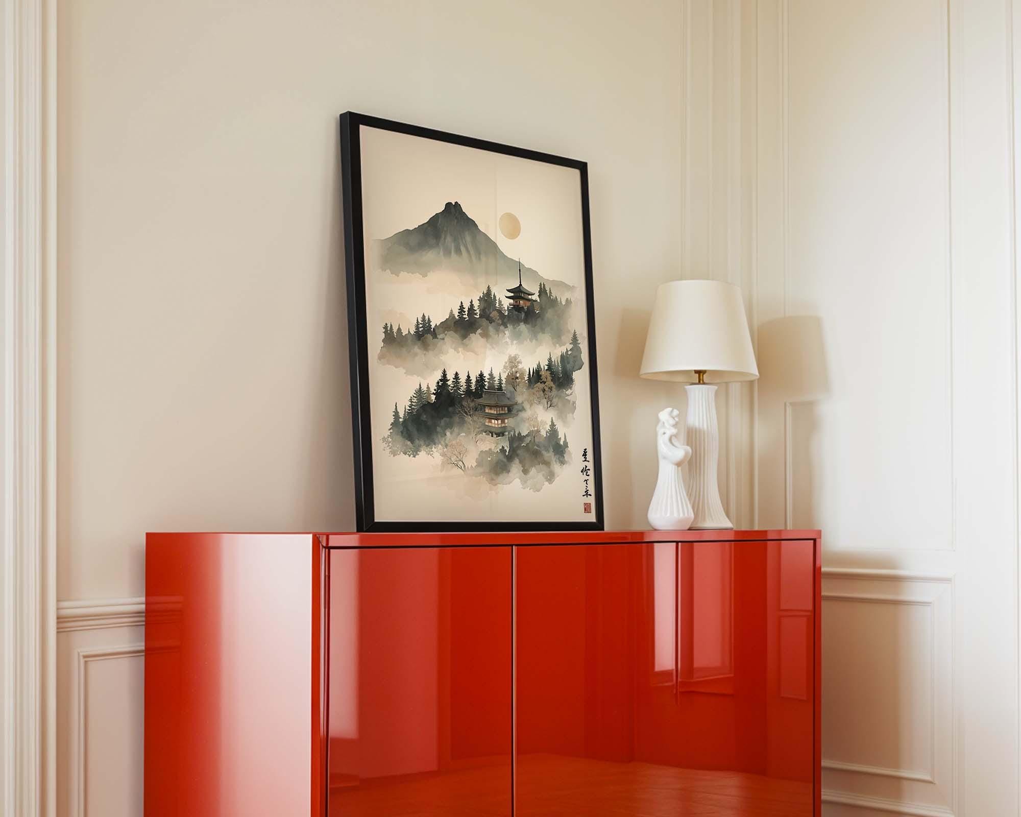 Japandi Mountain Temple Wall Art Print, Asian Landscape Zen Artwork ...