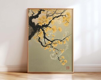 Golden Ginkgo Leaf Wall Art Print, Japanese Minimalist Botanical Canvas, Zen Japandi Decor, Elegant Neutral Living Room Wall Decor