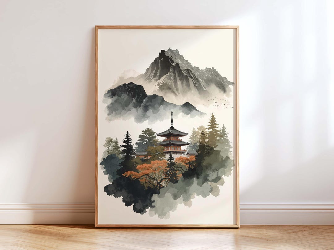 Mountain Temple Japanese Wall Art Print, Japandi Landscape Pagoda ...