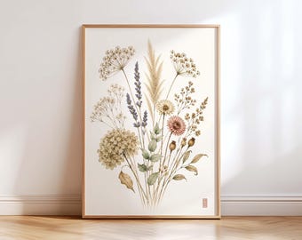 Vintage Botanical Wall Art Print, Wildflower Bouquet Poster, Neutral Floral Decor, Cottagecore Herbarium Art, Dried Flower Wall Decor