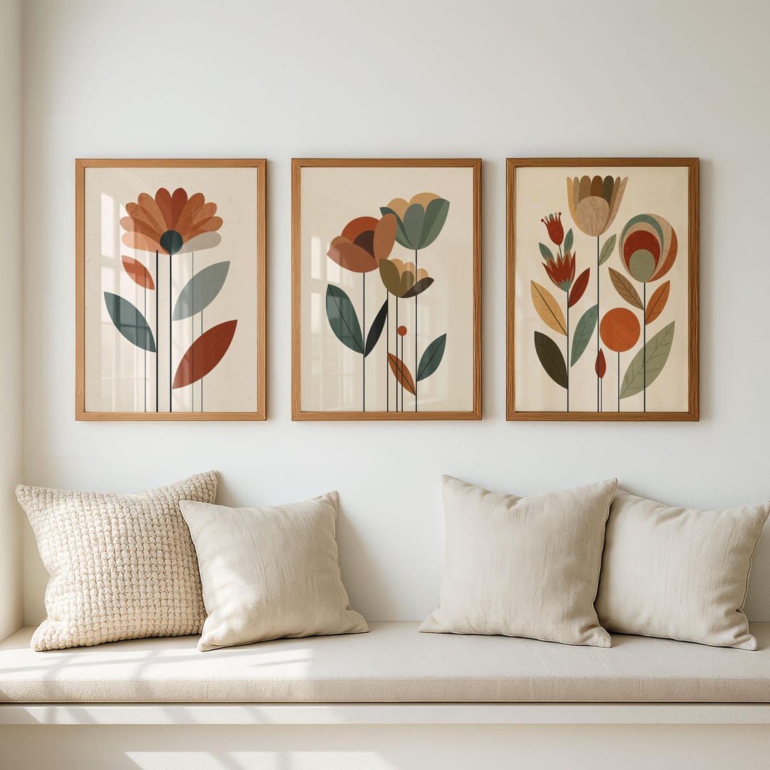 Mid Century Modern Botanical Wall Art Set of 3 Neutral Floral Prints ...