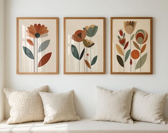 Mid Century Modern Botanical Wall Art Set of 3 Neutral Floral Prints Terracotta Sage Green Japandi Living Room Decor