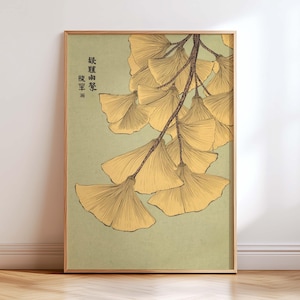 Vintage Ginkgo Leaf Wall Art Print, Japanese Ukiyo-e Botanical Illustration, Japandi Minimalist Nature Decor, Beige Green Asian Art Poster