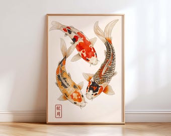 Japanese Koi Fish Wall Art Print, Zen Yin Yang Koi Poster, Ukiyoe Style Art, Minimalist Japandi Decor, Lucky Koi Painting
