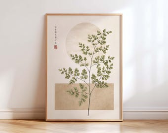 Japanese Maidenhair Fern Wall Art, Japandi Botanical Decor, Zen Nature Poster, Neutral Beige Minimalist Wall Decor