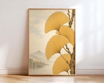 Japanese Ginkgo Wall Art Print, Golden Ginkgo Leaves, Japanese Botanical Painting, Zen Landscape Poster, Japandi Nature Decor