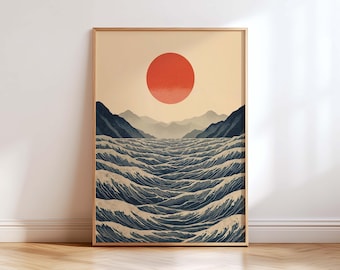 Japandi Ocean Wave Wall Art Print, Red Sun Seascape Poster, Minimalist Japanese Landscape, Vintage Ukiyo-e Style, Zen Neutral Coastal Decor