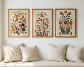 Neutral Botanical Wall Art Set of 3, Vintage Floral Prints, Boho Farmhouse Decor, Beige Terracotta Green Gallery Wall Living Room Art