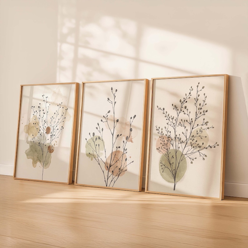 Neutral Botanical Wall Art Set of 3, Minimalist Beige Plant Prints ...