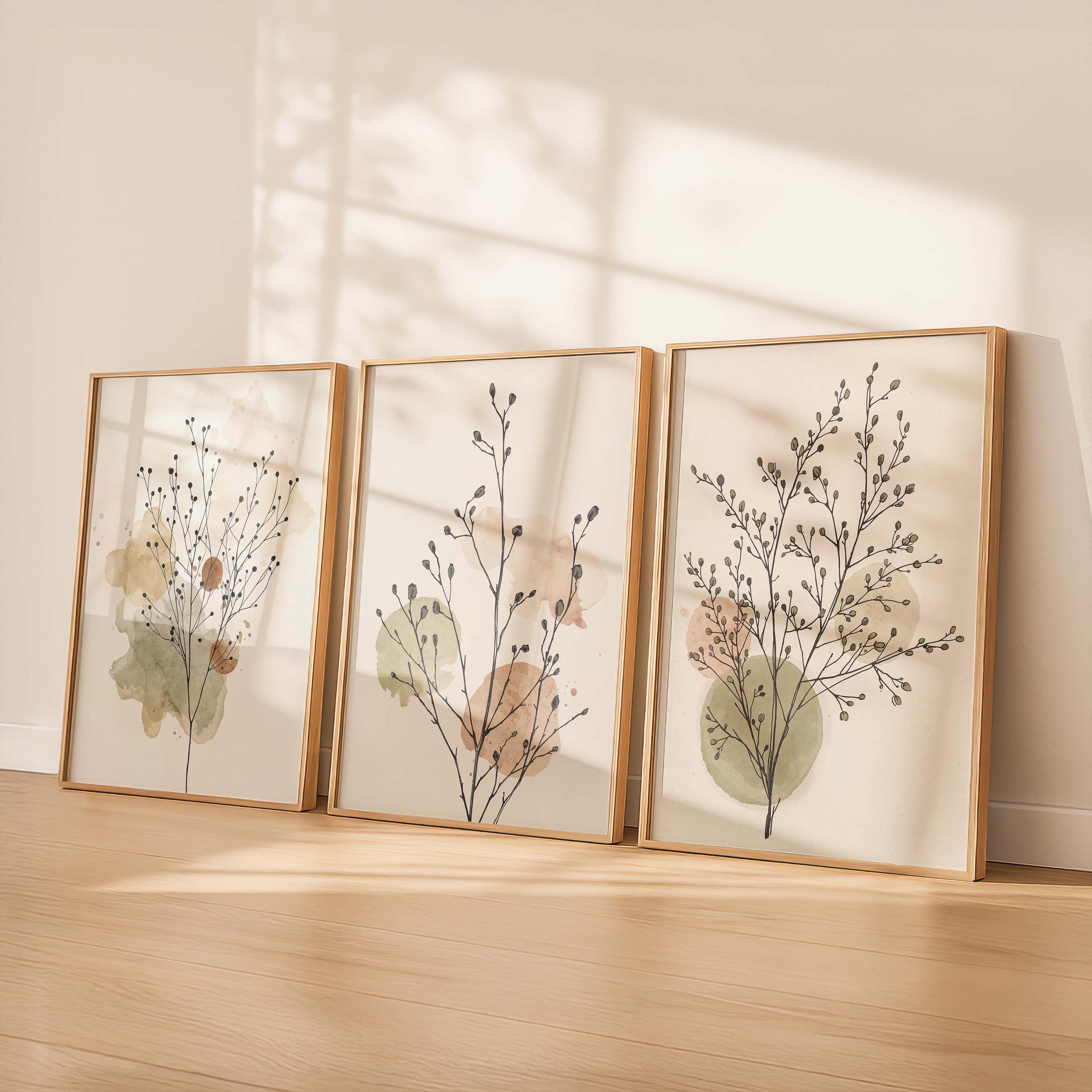 Neutral Botanical Wall Art Set of 3, Minimalist Beige Plant Prints ...