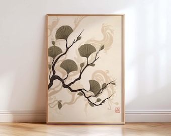 Japandi Ginkgo Leaf Wall Art Print, Minimalist Japanese Botanical Poster, Neutral Beige Zen Decor, Wabi Sabi Nature Art
