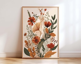 Botaniczny wydruk ścienny z terakoty, abstrakcyjny plakat kwiatowy, boho, kwiatowa sztuka w odcieniach ziemi, nowoczesny, neutralny wystrój domu, ilustracja botaniczna
