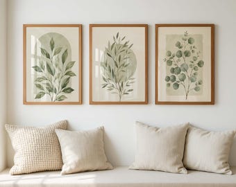 Sage Green Botanical Wall Art Set of 3, Green Leaf Triptych Prints, Neutral Green Wall Decor, Japandi Nature Art,Minimalist Botanical Poster
