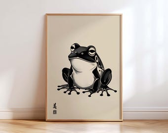 Zen Frog Wall Art Print, Japanese Animal Illustration, Minimalist Black Ink Frog, Japanese Wabi Sabi Home Decor