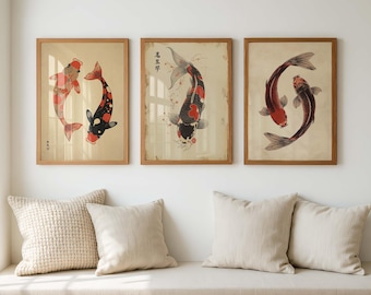 Vintage Feng Shui Koi Set of 3 Wall Art Prints , Wabi sabi Home Decor, Zen Asian Artwork, Japanese Koi Fish Poster