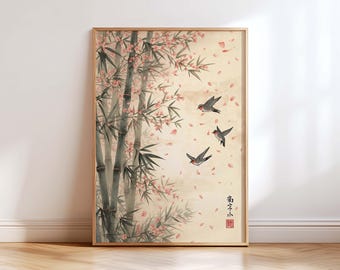 Japanese Bamboo Wall Art Print, Cherry Blossom Bird Artwork, Vintage Asian Zen Decor, Japandi Neutral Living Room Wall Art