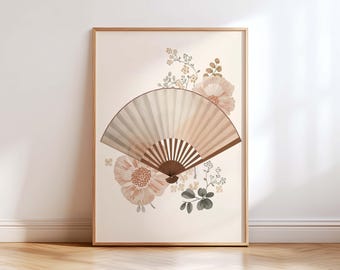 Japanese Fan Wall Art Print, Japandi Botanical Poster, Wabi Sabi Floral Decor, Minimalist Beige Wall Decor, Neutral Asian Artwork