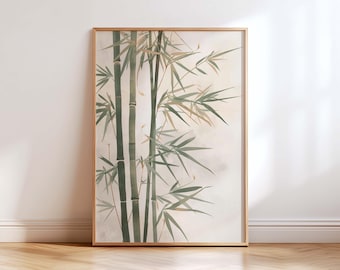 Japanese Bamboo Wall Art, Asian Ink Botanical Print, Japandi Zen Nature Decor, Minimalist Beige Wall Art, Wabi Sabi Home Decor