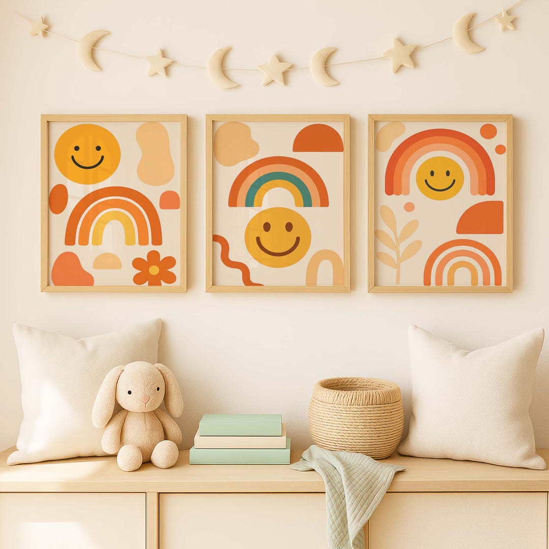 Boho Rainbow Nursery Wall Art Set of 3 Prints, Smiley Face Kids Room ...