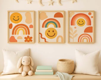 Boho Rainbow Nursery Wall Art Set of 3 Prints, Smiley Face Kids Room Decor, Neutral Baby Room Wall Art, Retro Sunshine Rainbow Poster