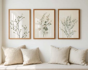 Botanical Wall Art Set of 3, Sage Green Botanical Prints, Neutral Japandi Wall Decor, Minimalist Nature Art, Scandinavian Home Decor