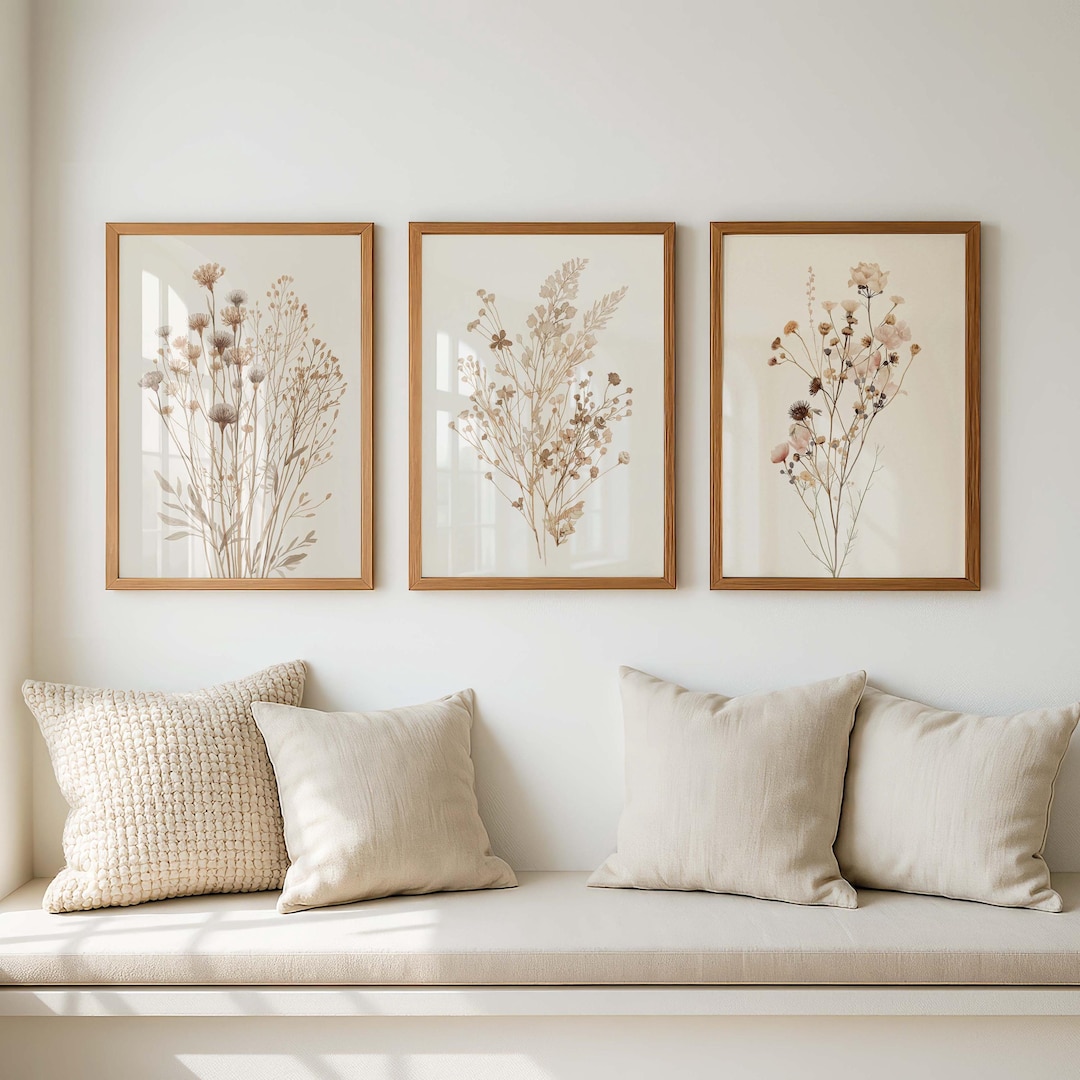 Neutral Botanical Wall Art Set of 3, Vintage Wildflower Prints, Beige ...