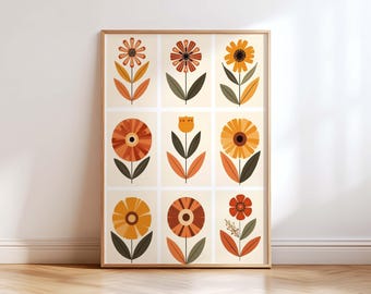Mid Century Modern Floral Wall Art, Retro Flower Print, Orange Botanical Poster, Boho Scandinavian Decor, Minimalist Art