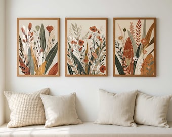 Japandi Botanical Wall Art Set of 3, Neutral Floral Prints, Beige Terracotta Green Decor, Mid Century Modern Living Room Art