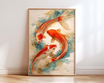 Japanese Koi Fish Wall Art Print, Red Koi Canvas, Zen Watercolor Fish, Asian Decor, Feng Shui Art, Japandi Minimalist Wall Decor